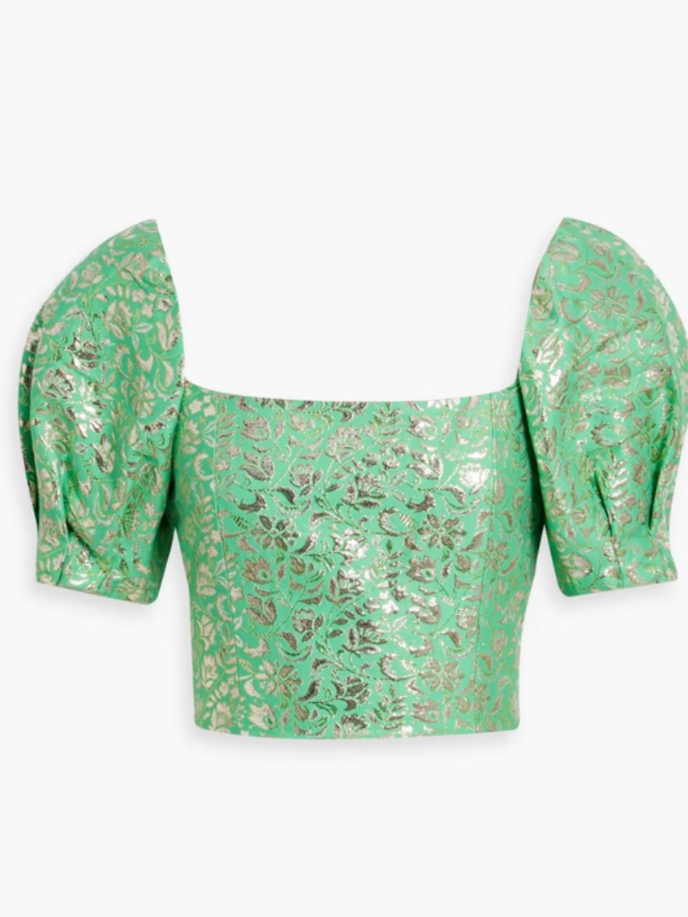Alice & Olivia Green Metallic Floral Puff-Sleeve Crop Top